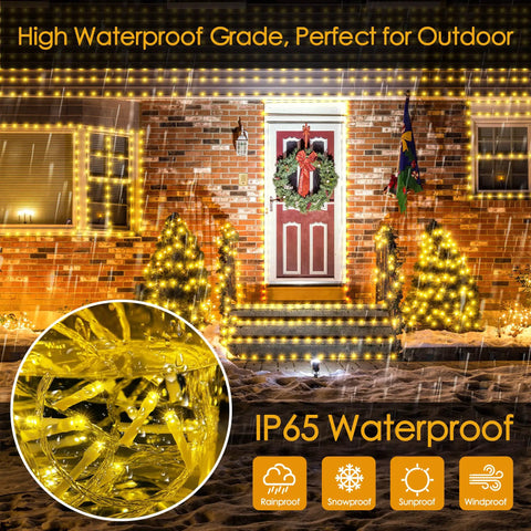 Outdoor 1000 LED Christmas Lights 405 Ft Waterproof String With Remote And Timer 8 Modes Plug In Warm White on house exterior