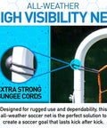 Close-up of adjustable soccer rebounder showing strong bungee cords and durable powder-coated steel frame for secure setup.