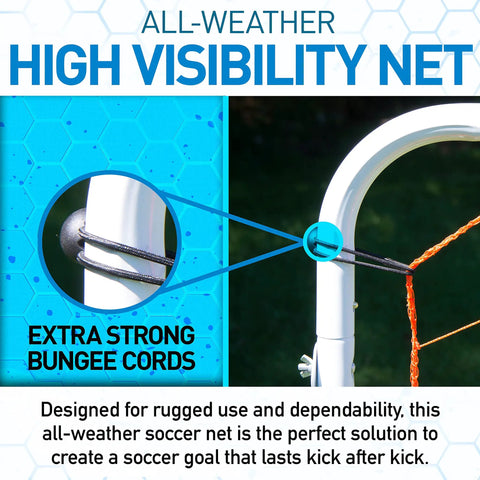 Close-up of adjustable soccer rebounder showing strong bungee cords and durable powder-coated steel frame for secure setup.