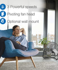 Woman relaxing in chair with 20 Inch High Velocity Wall Mount Fan With Pivoting Head, Remote, 3 Speed Settings shown nearby