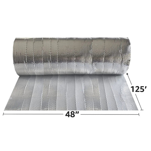 Top Shelf Reflective Insulation Bubble Wrap Roll Thermal Barrier Foil For Home Improvement Temperature Control Energy Savings Heat Shield 48 By 125 Feet Made In Usa Solid Packaging Supply No Sweat Diy Heat Hack, showing silver foil roll with dimensions.