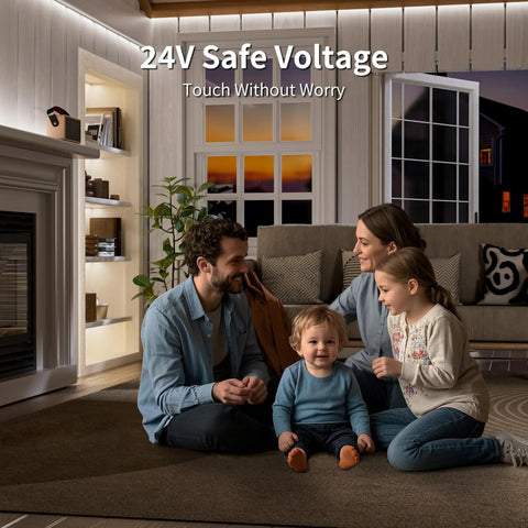 Family enjoying cozy living room lit by COB LED Strip Light 20ft Long 6000K White Ultra Bright 3087 LEDs CRI90 Plus DC24V