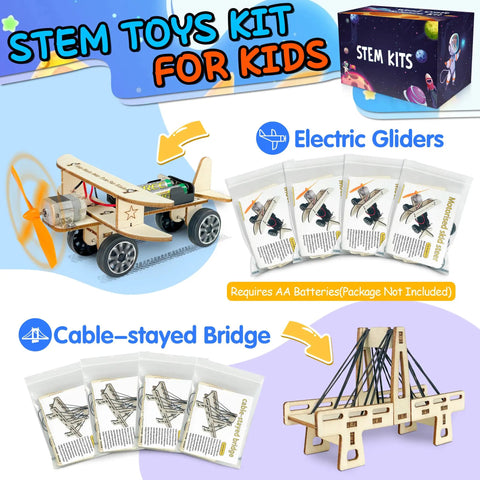 24 Pack STEM Kit Bundle For Kids 6 In 1 Treasure Box featuring electric glider kits and cable-stayed bridge projects