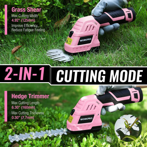 12V Cordless Grass Shear And Shrub Trimmer 2 In 1 Handheld Hedge Trimmer Electric Bush Trimmer And Grass Cutter shown with pink design