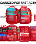 SurviveX Large Pro First Aid Kit opened, red zippered case with labeled pouches and supplies for car, travel, home