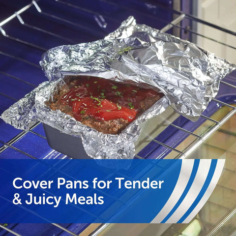 Everyday Strength Aluminum Foil Roll used for covering meatloaf in a pan, freezer and grill safe, 12 inch by 200 feet long