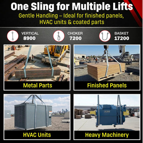 Made In USA 3 Inch By 14 Foot Polyester 2 Ply Lifting Eye To Eye Rigging DD Sling Built Tough For Real Lifts With 8900 Lb Vertical And 7200 Lb Choker Load Ratings lifting metal parts, panels, HVAC units, and machinery