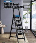Six Step Folding Ladder For Home And Garage, Lightweight Aluminum Stepladder With Stable Top Handle, Non Slip Feet, Holds Up To 300 Lbs, Black, Compact Design For Easy Storage, Ideal For Indoor And Outdoor Tasks.