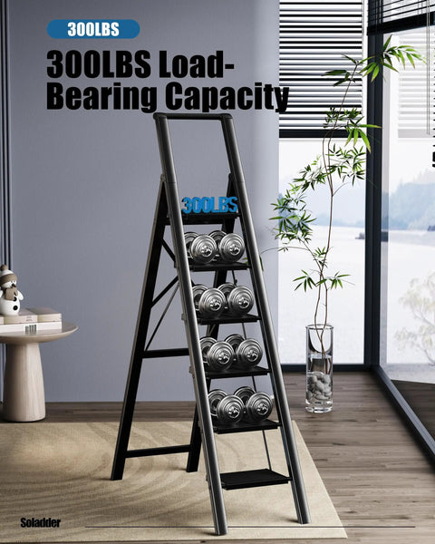 Six Step Folding Ladder For Home And Garage, Lightweight Aluminum Stepladder With Stable Top Handle, Non Slip Feet, Holds Up To 300 Lbs, Black, Compact Design For Easy Storage, Ideal For Indoor And Outdoor Tasks.