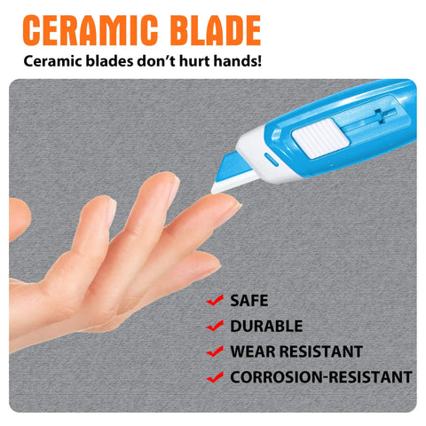 Ceramic Safety Box Cutter With Safety Lock Pocket Sized Magnetic Cardboard Opener For Packages Ultra Sharp Ceramic Blade Rust Resistant Handy Mini Knife 4 Pack shown with hand safety demo