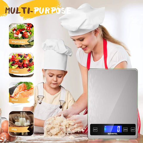 Mother and child baking with Digital Kitchen Scale 22Lb Capacity For Food Weighing Grams And Ounces 1g And 0.1oz Precise Graduation