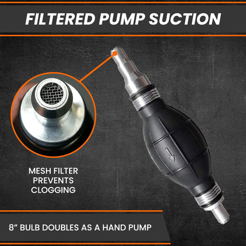 Deluxe Siphon Pump For Gas, Diesel, And Water With 8 Foot Hose, Fast 4 GPM Transfer, mesh filter prevents clogging