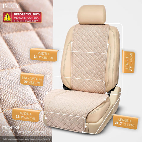 Faux Linen Front Car Seat Cover Non Slip Bucket Seat Protector For Most Cars SUVs Vans Trucks Machine Washable Light Beige