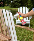 Applying White 14 Oz Waterproof Rubber Spray On Sealant Coating That Stops Leaks Instantly Flexible After Drying Ideal For Gutters Wood RVs Campers Roofs Skylights Windows And More on wooden chair