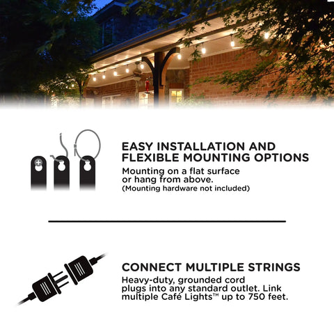 48 Ft Soft Warm White Outdoor String Lights With Shatterproof Acrylic Bulbs on house with installation and connection instructions