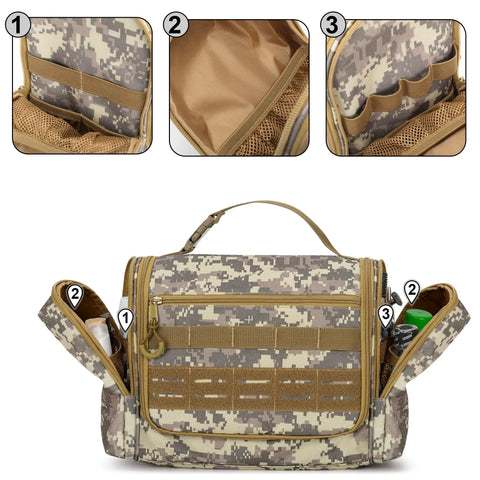 Desert Yellow Hanging Dopp Kit for Men featuring camouflage design, elastic pouches, and side compartments for toiletries and shaving gear.
