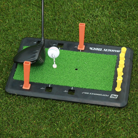 Launch Deck Golf Swing Trainer For Instant Feedback, Slice Fix, And Attack Angle Mastery with golf club and ball setup