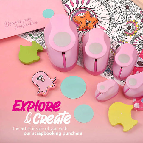 5 Piece Craft Hole Punch Set For Scrapbooking And Card Making in pink circle shapes on a colorful craft background