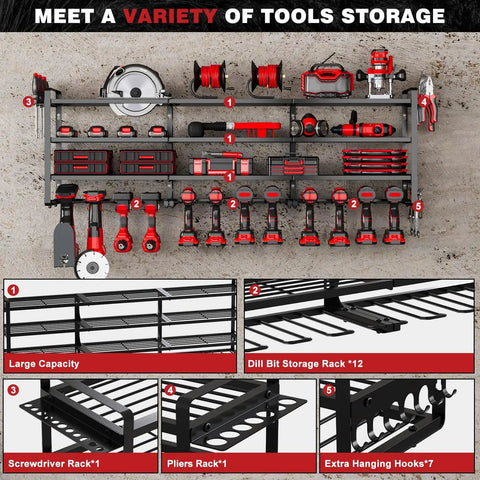 48 Inch Power Tools Organizer Wall Mount With Four Heavy Duty Shelves, 12 Drill Holders, Side Hooks And Bottom Tool Rack