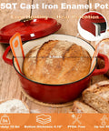 All-In-One Sourdough Starter Kit With Enameled Cast Iron Dutch Oven showing bread in red 5QT cast iron enamel pot on wooden table.