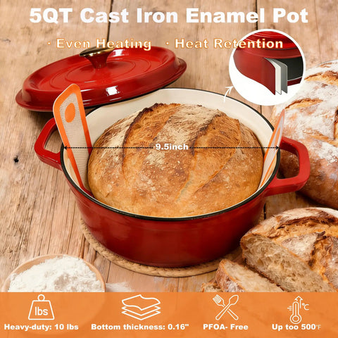 All-In-One Sourdough Starter Kit With Enameled Cast Iron Dutch Oven showing bread in red 5QT cast iron enamel pot on wooden table.