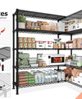 Heavy Duty Five Tier Storage Shelving Unit With Extra Wide 69.8 Inch Wire Rack Holds Up To 1600 Lbs Total Perfect For Garage Workshop Home Storage And Warehouse Organization, black wire shelves with pantry items