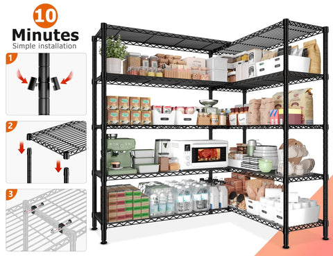 Heavy Duty Five Tier Storage Shelving Unit With Extra Wide 69.8 Inch Wire Rack Holds Up To 1600 Lbs Total Perfect For Garage Workshop Home Storage And Warehouse Organization, black wire shelves with pantry items