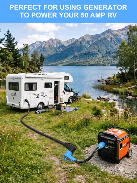 Heavy Duty 4 Prong Generator To Rv Adapter Cord 30 Amp To 50 Amp Nema L1430P To 1450R connecting RV to generator outdoors.