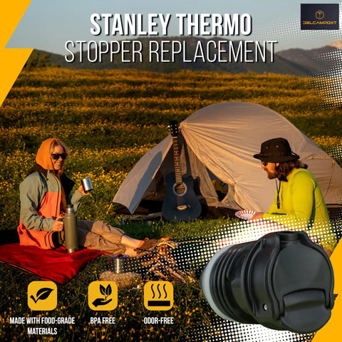 Replacement Cap And Lid For Classic Insulated Wide Mouth Flasks, BPA-Free, shown with campers in nature near a tent