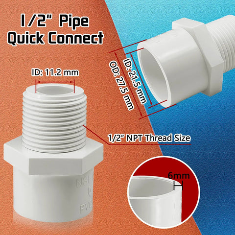 10Pcs White PVC Pipe Fittings 1/2 NPT Male Thread Adapters Socket X NPT Male For Sch40 PVC Pipe Couplers with dimensions