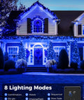 Christmas house display with blue LED lights showing 8 lighting modes, highlighting decor and atmosphere.