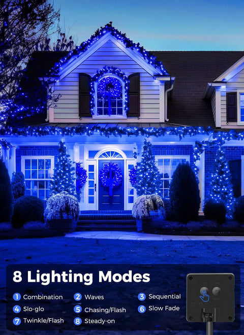 Christmas house display with blue LED lights showing 8 lighting modes, highlighting decor and atmosphere.