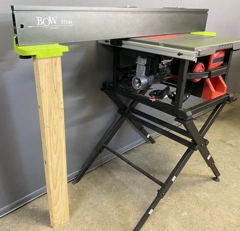 Premium 46 Inch T Track Table Saw Fence Extension mounted on a saw with a wooden support column, displaying a solid design.