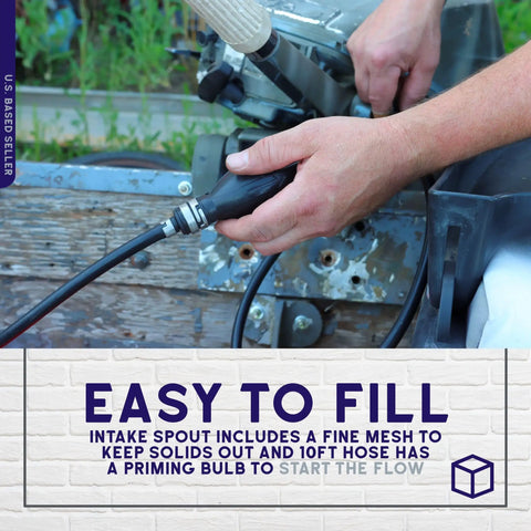 Hands using fill hose of Portable 3 Gallon Boat Fuel Tank With Fill Hose For Small Outboards Plastic Marine Gas Tank Easy Fill Gas Storage For Pontoon Skiff And Small Boats Now