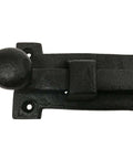 Vintage Black Wrought Iron 8 Inch Slide Door Bolt Latch For Barn Doors And Gates, close-up of decorative antique reproduction latch