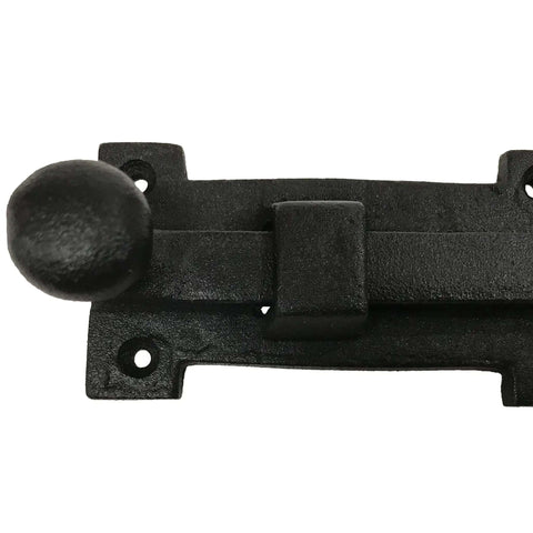 Vintage Black Wrought Iron 8 Inch Slide Door Bolt Latch For Barn Doors And Gates, close-up of decorative antique reproduction latch