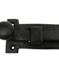 Eight Inch Antique Black Wrought Iron Slide Bolt Door Latch showing top view with round handle and mounting holes.
