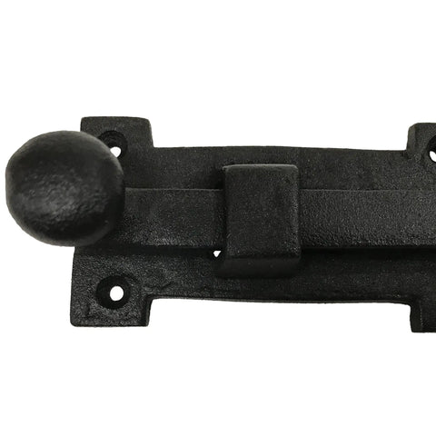 Eight Inch Antique Black Wrought Iron Slide Bolt Door Latch showing top view with round handle and mounting holes.