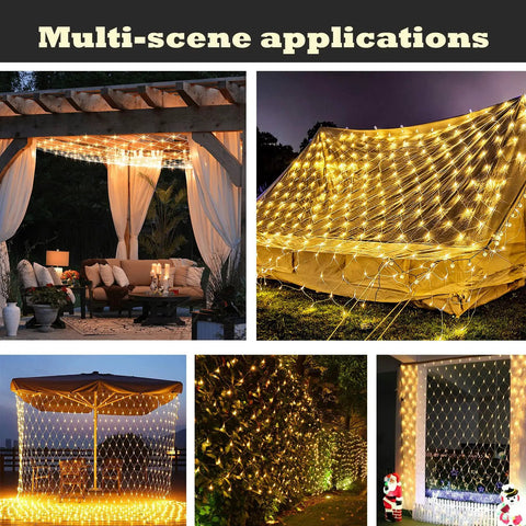 Outdoor Fairy Net Lights 270 LED Chandelier for Gazebo and Pergola, 10x10 ft Coverage, showing multi-scene applications.
