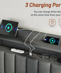 Top Shelf King Size Bed Frame With Four Sleek Rolling Storage Drawers And Wing Headboard In Charcoal Dark Grey with USB charging ports.