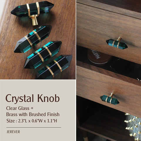 4 Pack Hexagonal Crystal Glass Knobs With Copper Wire Wrapped On Brass Base Green Gold Tone Cabinet Handles, 2.3 x 0.6 x 1.1 in