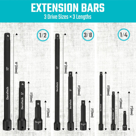 Heavy Duty 12 Piece Impact Socket Extension Set With 360 Degree Universal Joints For 1/4 And 3/8 Inch Drives Built From Premium CrV And CrMo Steel Construction, extension bars sizes