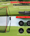 Close-up of 10x7Ft Golf Net With Turf Mat And Noise Free Target For Backyard, Garage, showcasing upgraded fiberglass poles.