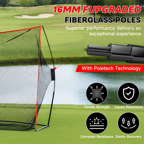 Close-up of 10x7Ft Golf Net With Turf Mat And Noise Free Target For Backyard, Garage, showcasing upgraded fiberglass poles.