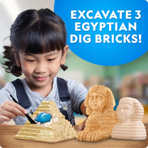 Ancient Egypt Dig Kit With Gems And Replica Artifacts For Hands On Archaeology Fun, Excavation Bricks Shaped Like Pyramid Sphinx And Pharaoh, Includes Three Real Gemstones And Three Detailed Artifacts, Learn Hieroglyphics And History. Child digging gold pyramid brick with blue gem, sphinx and pharaoh bricks
