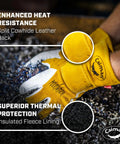 Workhorse Goat Grain Welding Gloves For TIG And Multi Tasking With Split Cowhide Back Four Inch Extended Cuff White And Gold Large Kontour Design For A Better Fit Rugged Grip All Day Comfort And Wrist Support shown in metal fabrication setting.
