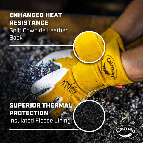 Workhorse Goat Grain Welding Gloves For TIG And Multi Tasking With Split Cowhide Back Four Inch Extended Cuff White And Gold Large Kontour Design For A Better Fit Rugged Grip All Day Comfort And Wrist Support shown in metal fabrication setting.
