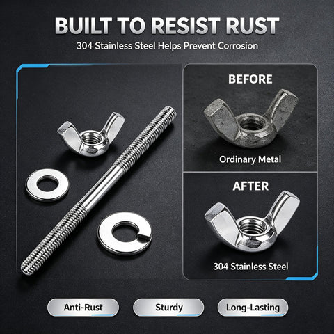 Top Shelf 304 Stainless Steel Air Cleaner Stud Kit With 5 Inch Mounting Hardware And Quarter Inch Thread showing rust-resistant wing nut assembly.