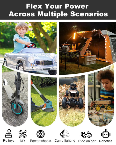 Collage showing 2 Pack 20V Battery Adapter for Power Wheels in various DIY and outdoor projects: cars, camping, and robotics.