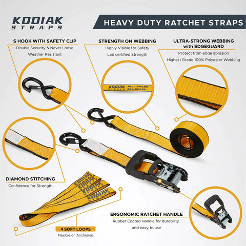 Heavy Duty Ratchet Straps 4 Pack Tie Downs For Cargo And Truck Bed, 4500 Break Strength, with soft loops and coated S hooks
